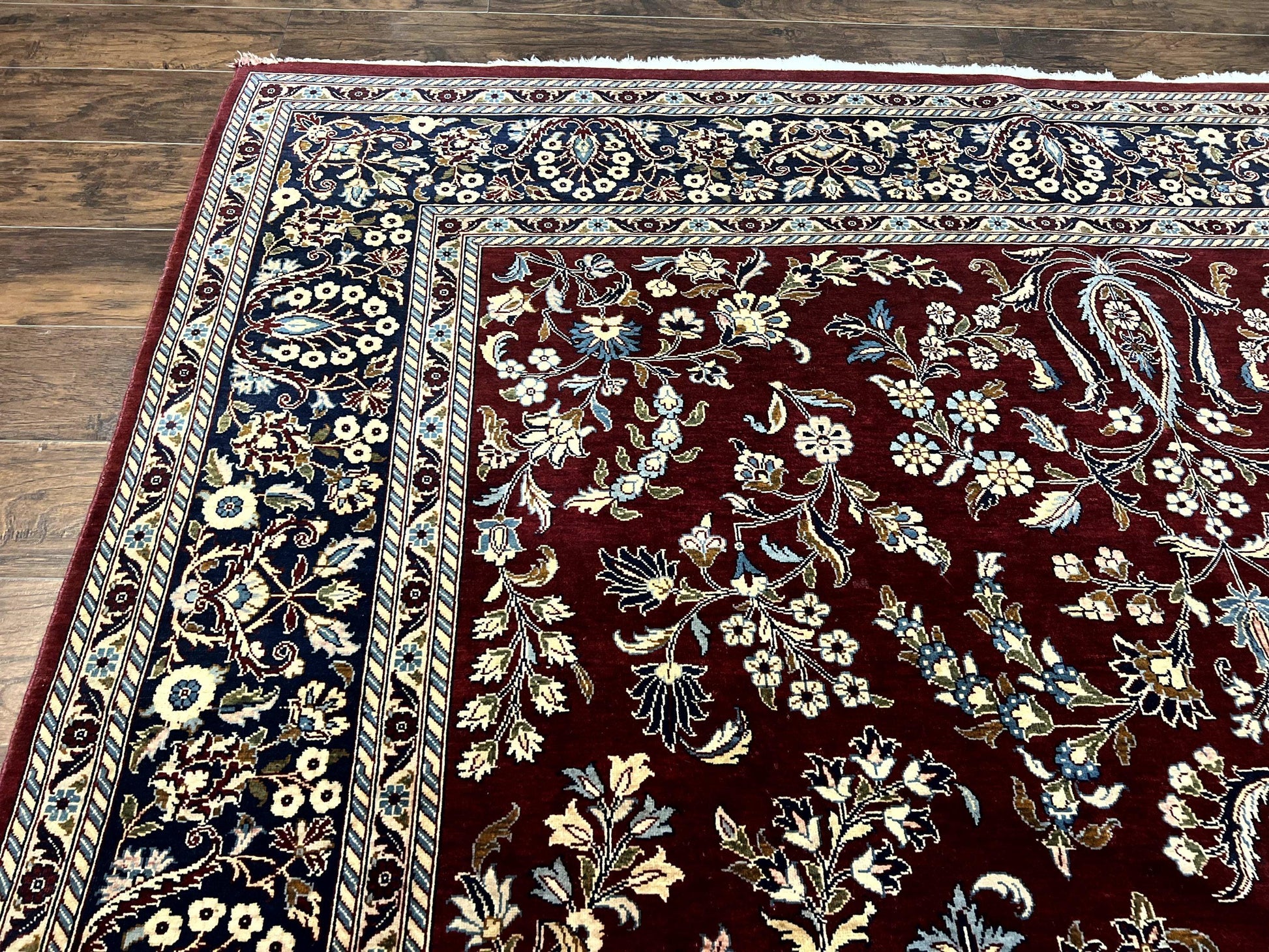 Indo Persian Sarouk Rug 9x12, Floral Allover, Dark Red & Navy Blue, Handmade Vintage Wool Carpet - Nuvé