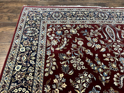 Indo Persian Sarouk Rug 9x12, Floral Allover, Dark Red & Navy Blue, Handmade Vintage Wool Carpet - Nuvé