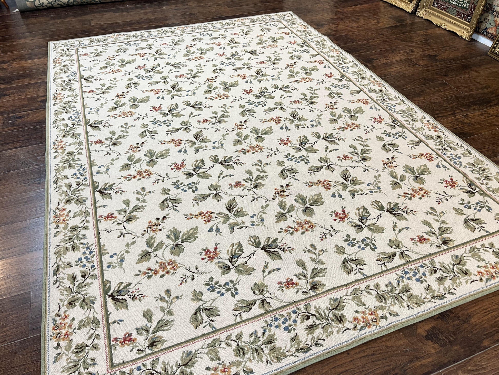Vintage Stark Carpet 7x10, Ivory and Green, European Aubusson Design, Allover Pattern, Stark Rug - Nuvé
