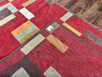 Indo Tibetan Modern Rug 5x8, Abstract Rug 5 x 8 ft, Red Multicolor Wool Handmade Contemporary Area Rug - Nuvé