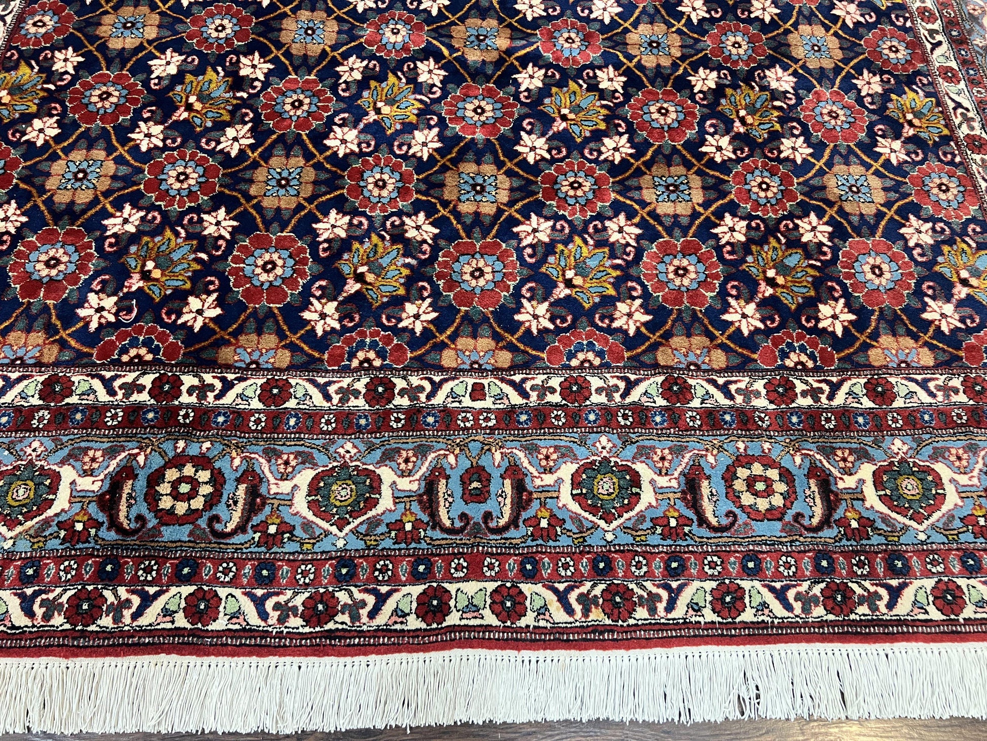 Persian Veramin Rug 7x11, Repeated Allover Pattern, Handmade Vintage Carpet, Navy Blue - Nuvé