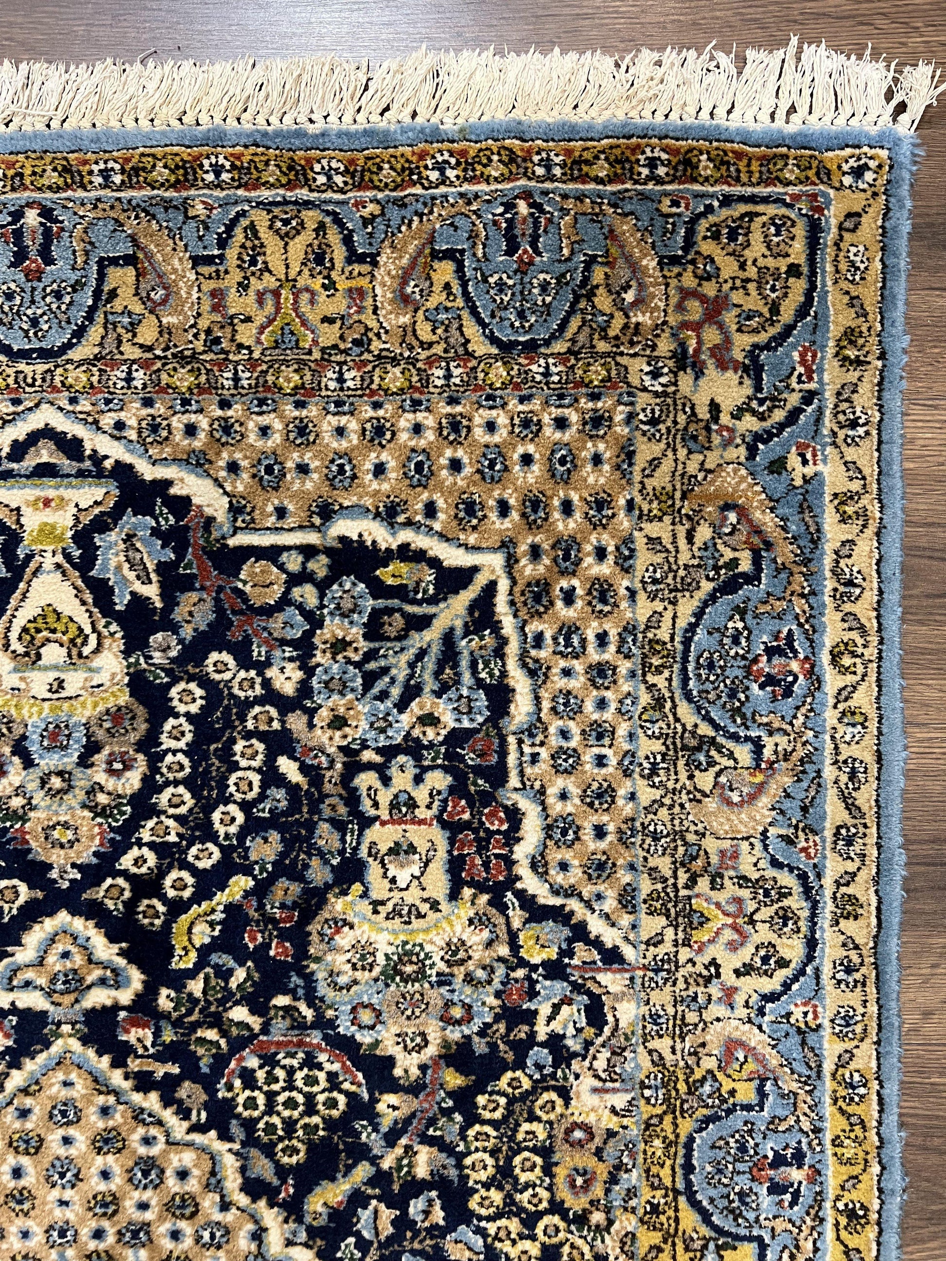 Fine Persian Qum Rug 3x5, Semi Antique Vintage Oriental Ghom Carpet, Floral Medallion, Highly Detailed, Hand Knotted, Navy Blue, Wool Area Rug, Birds - Nuvé
