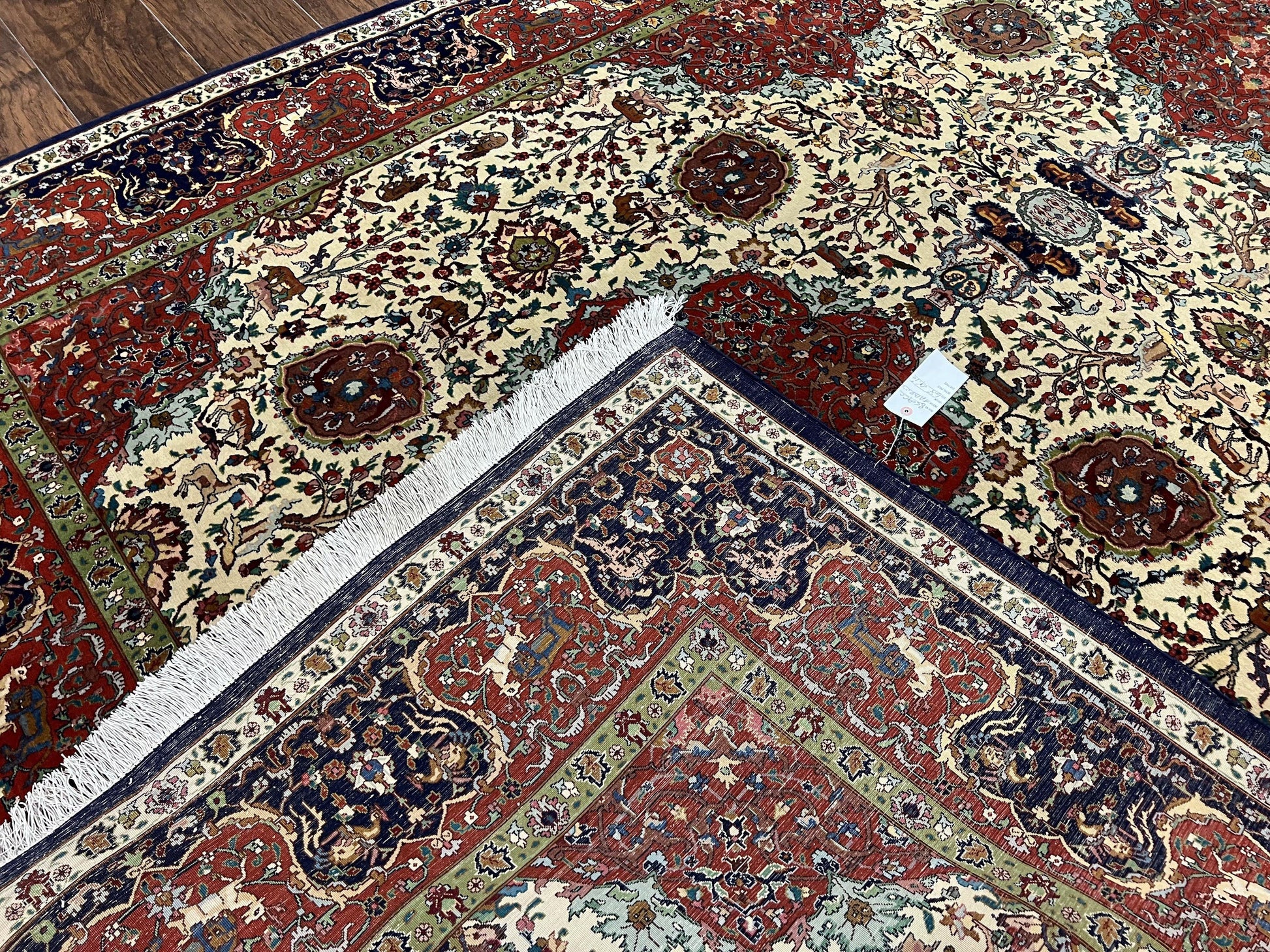 Wonderful Sino Persian Rug 6x10 with Animal Pictorial Motifs, Cream Dark Red Navy Blue, Birds Gazelles, Two Medallions, Top Quality Handmade - Nuvé
