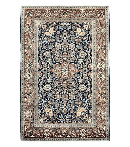 Persian Kashan Rug 4x7, Floral Medallion Vintage Handmade Hand Knotted Navy Blue & Red Wool Oriental Carpet, Highly Detailed Semi Antique Rug