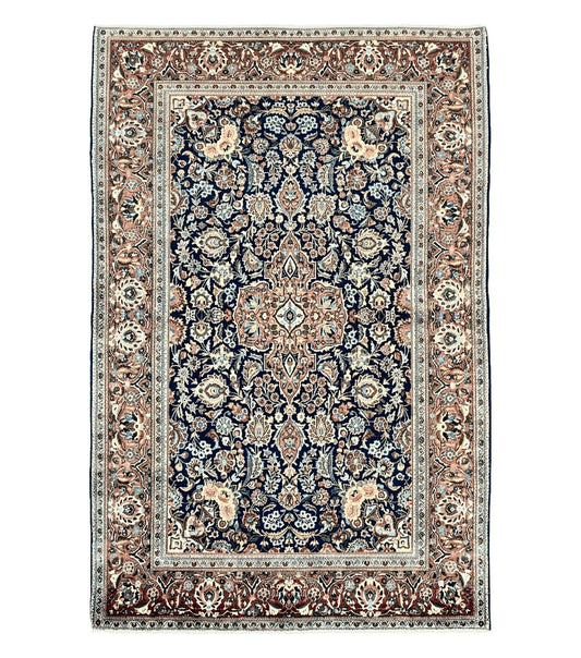 Persian Kashan Rug 4x7, Floral Medallion Vintage Handmade Hand Knotted Navy Blue & Red Wool Oriental Carpet, Highly Detailed Semi Antique Rug