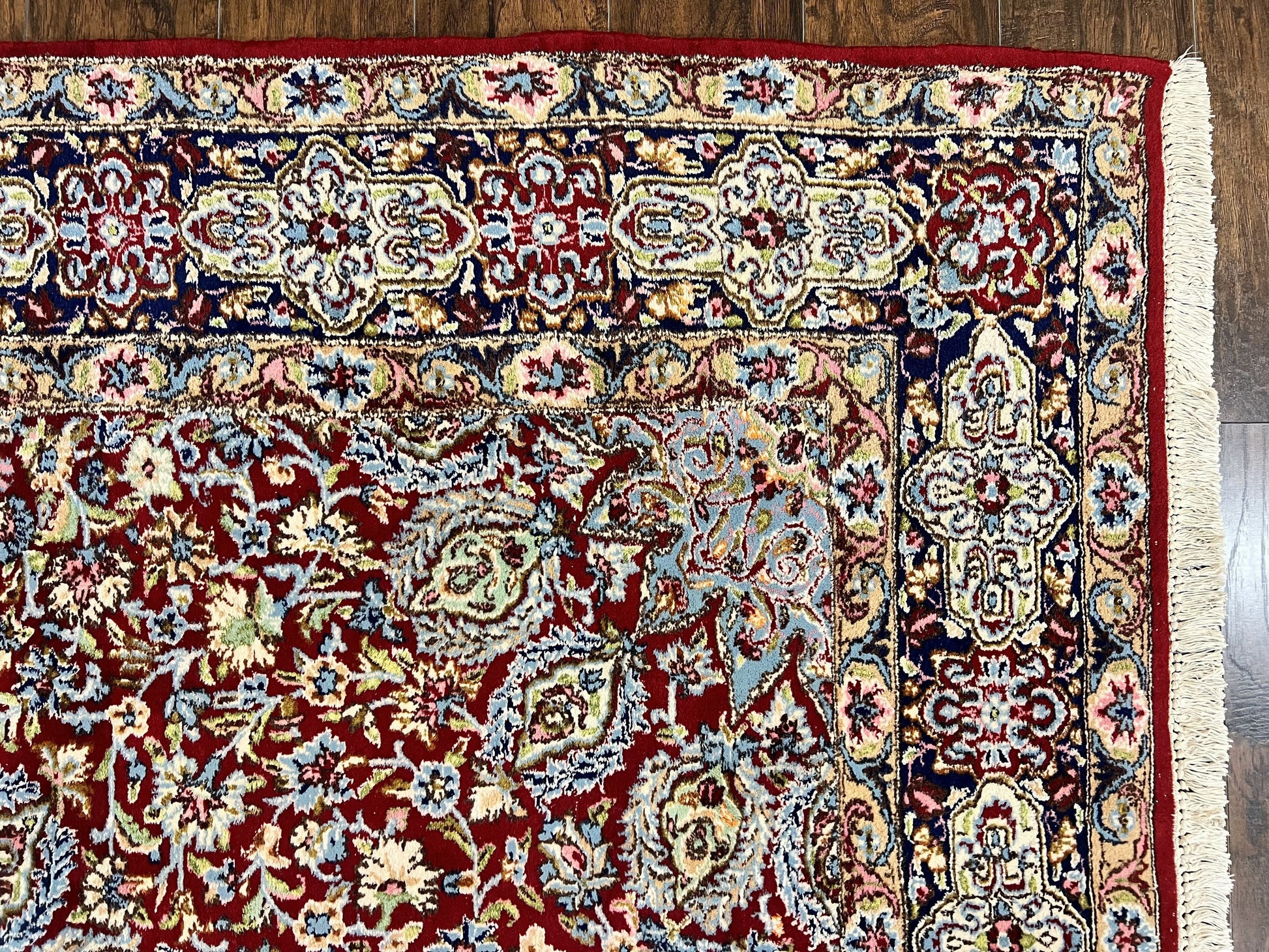 Persian Rug 7x10, Kirman Oriental Carpet 7 x 10 ft, Hand Knotted Wool Floral Medallion Semi Antique Persian Rug, Dark Red Light Blue Vintage - Nuvé