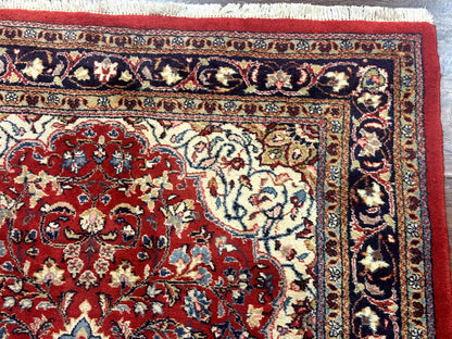 Persian Sarouk Rug 4x7, Red Navy Blue Vintage Wool Medallion Carpet - Nuvé