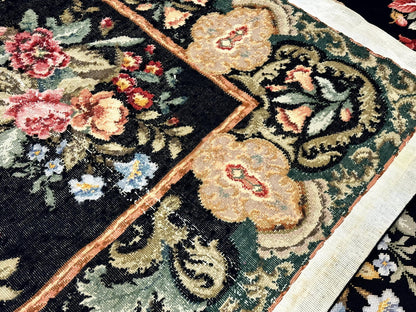 Palace Size Needlepoint Rug 12x16, Black and Colorful, Floral Panel, Handmade Oversized Wool Needlepoint Carpet, Rare - Nuvé