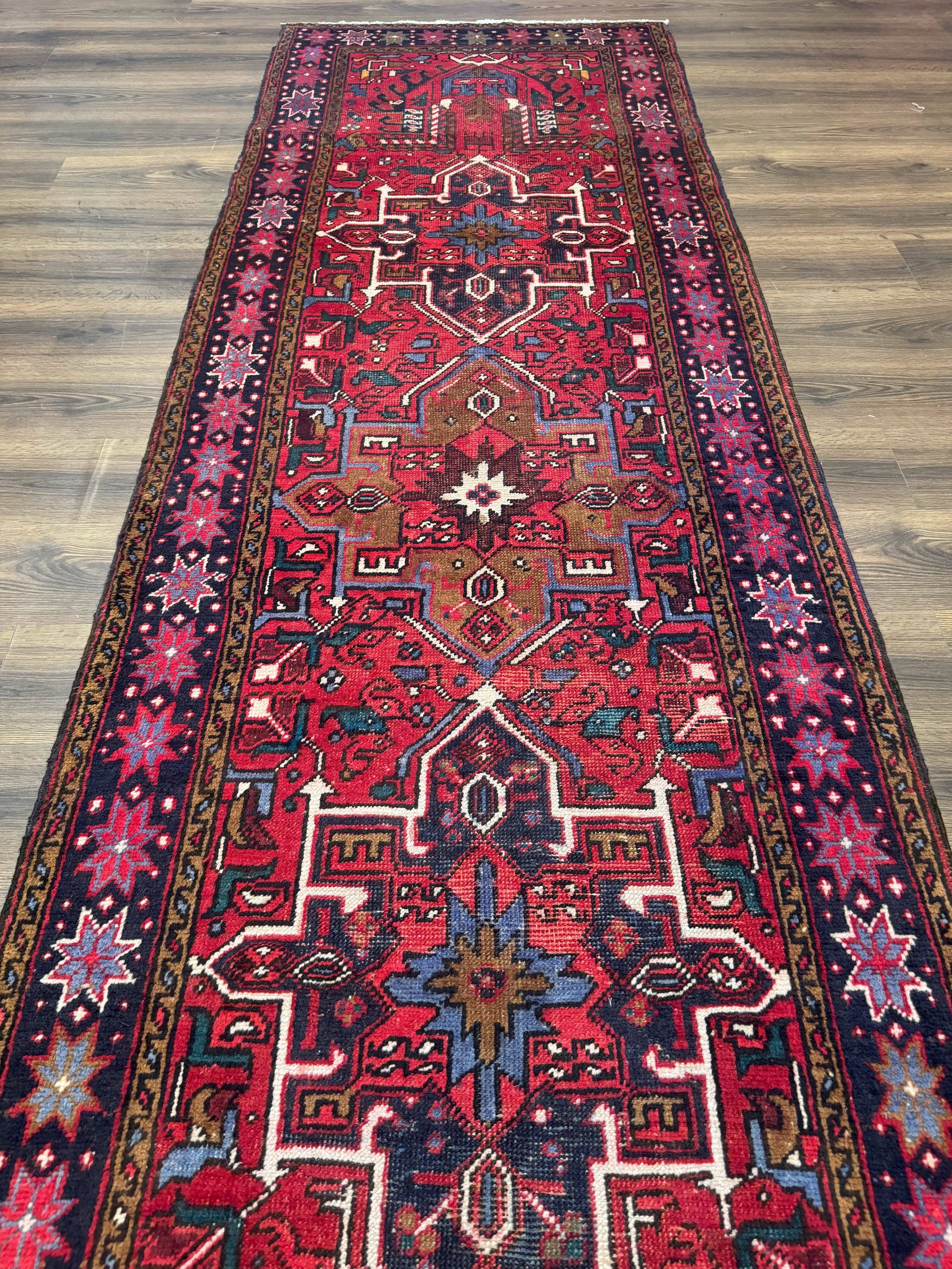 Persian Heriz Karajeh Runner Rug 3.7 x 12, Geometric Medallions, Red and Navy Blue - Nuvé
