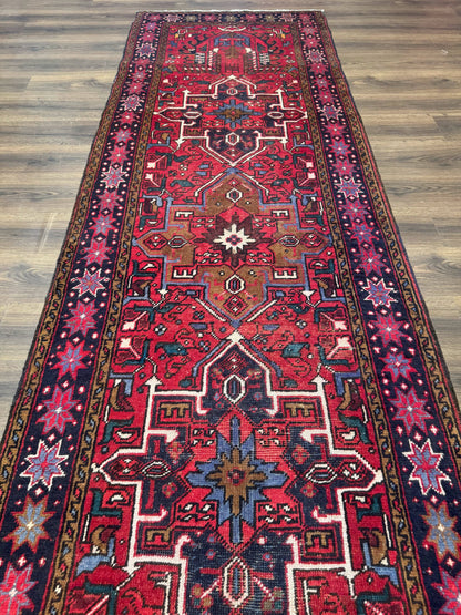 Persian Heriz Karajeh Runner Rug 3.7 x 12, Geometric Medallions, Red and Navy Blue - Nuvé