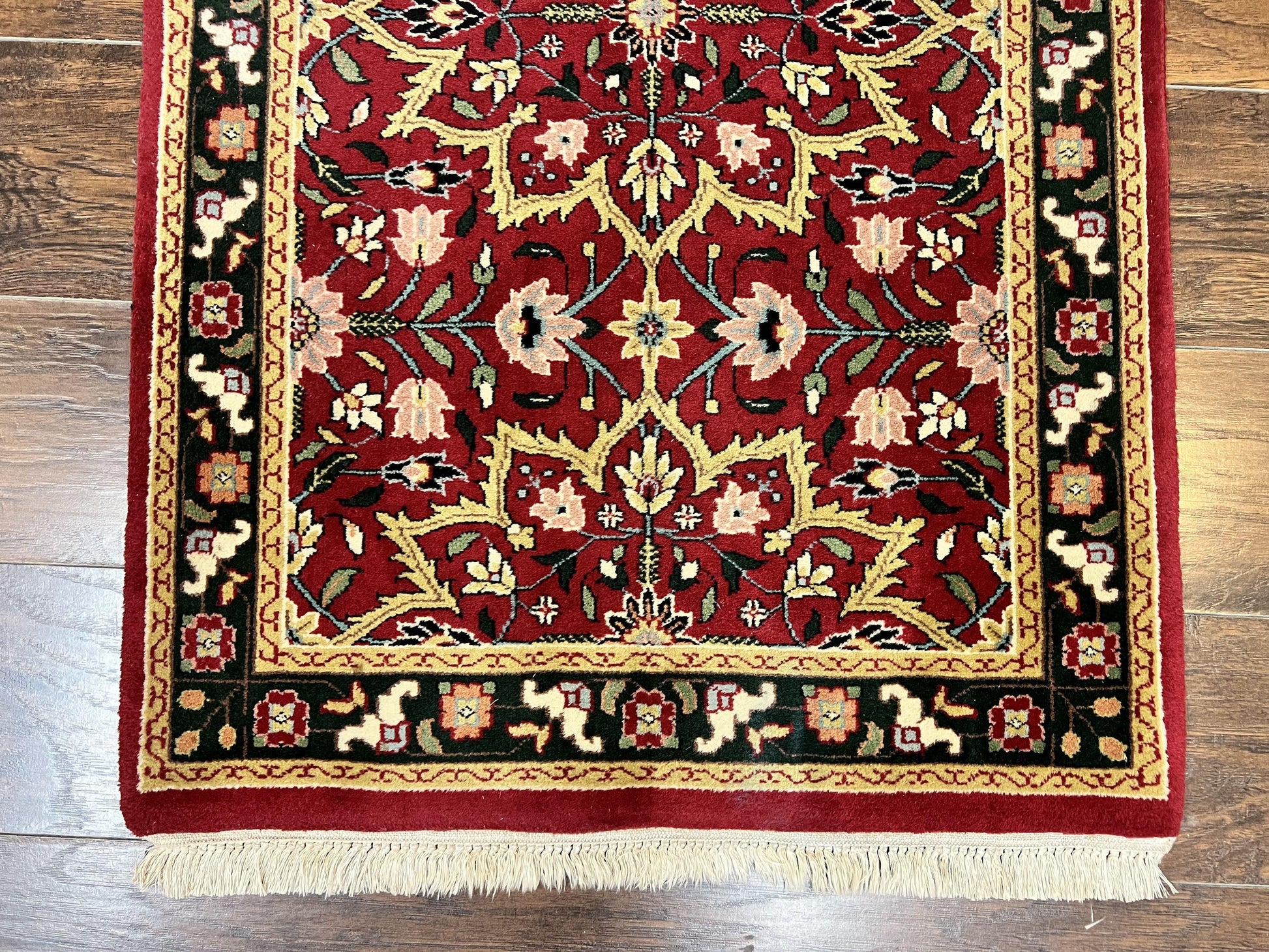 Indo Sarouk Runner Rug 2.6 x 10 ft, Floral Hand Knotted Wool Handmade Vintage Indian Hallway Rug, Red Tan Black, 10ft Persian Runner - Nuvé