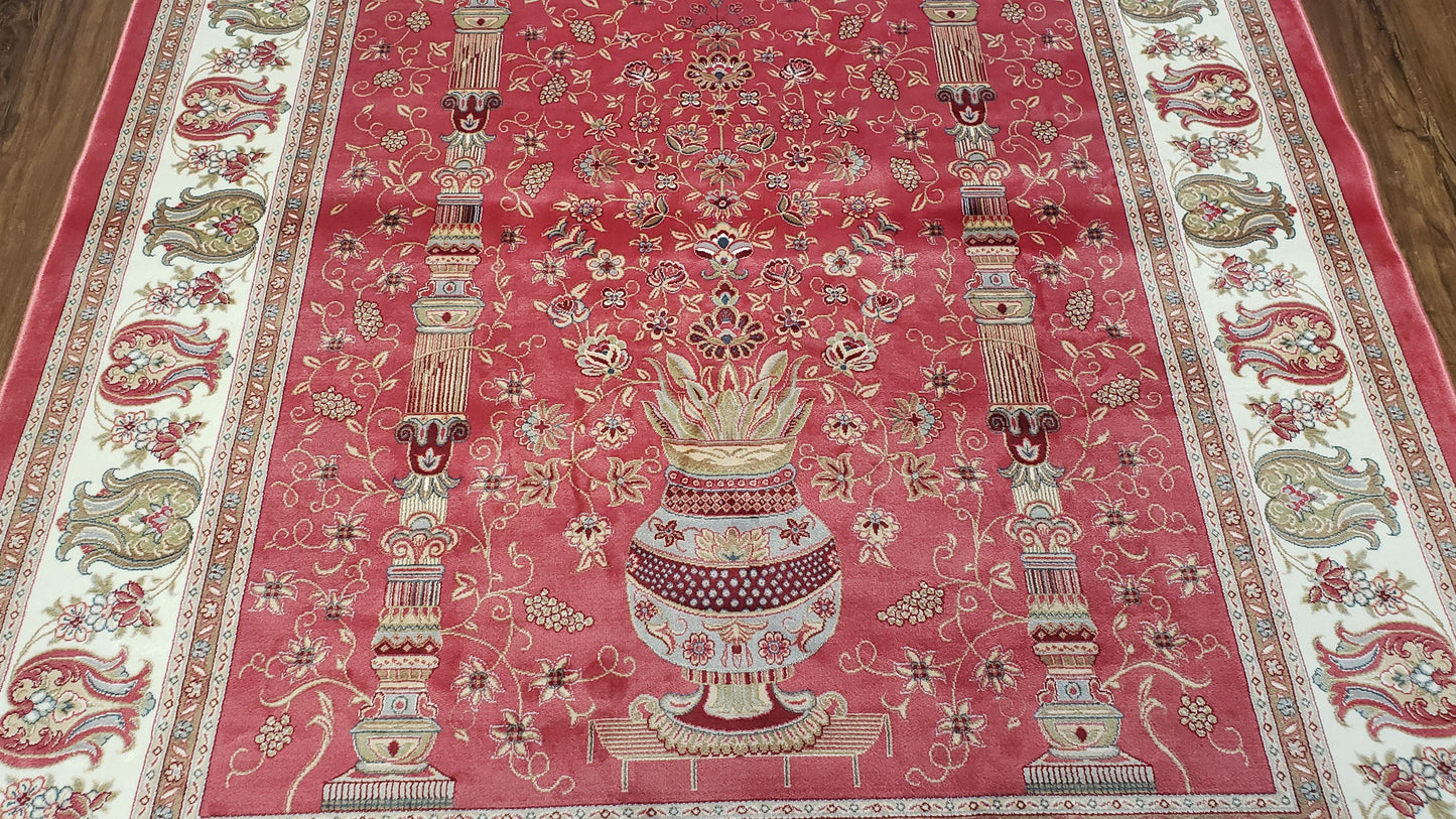 4 x 6 Silk Carpet Red, Traditional Oriental Rug 4x6, Flower Vase Columns, Turkish Rug New, High Quality, Bamboo Silk, Area Rug - Nuvé