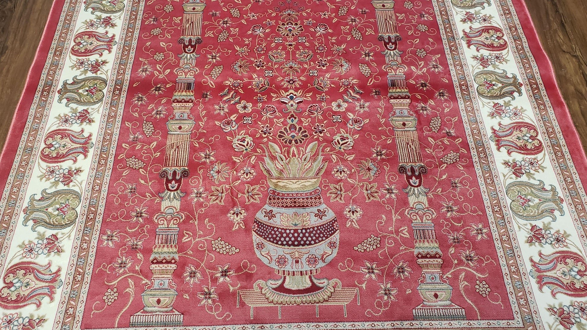 4 x 6 Silk Carpet Red, Traditional Oriental Rug 4x6, Flower Vase Columns, Turkish Rug New, High Quality, Bamboo Silk, Area Rug - Nuvé