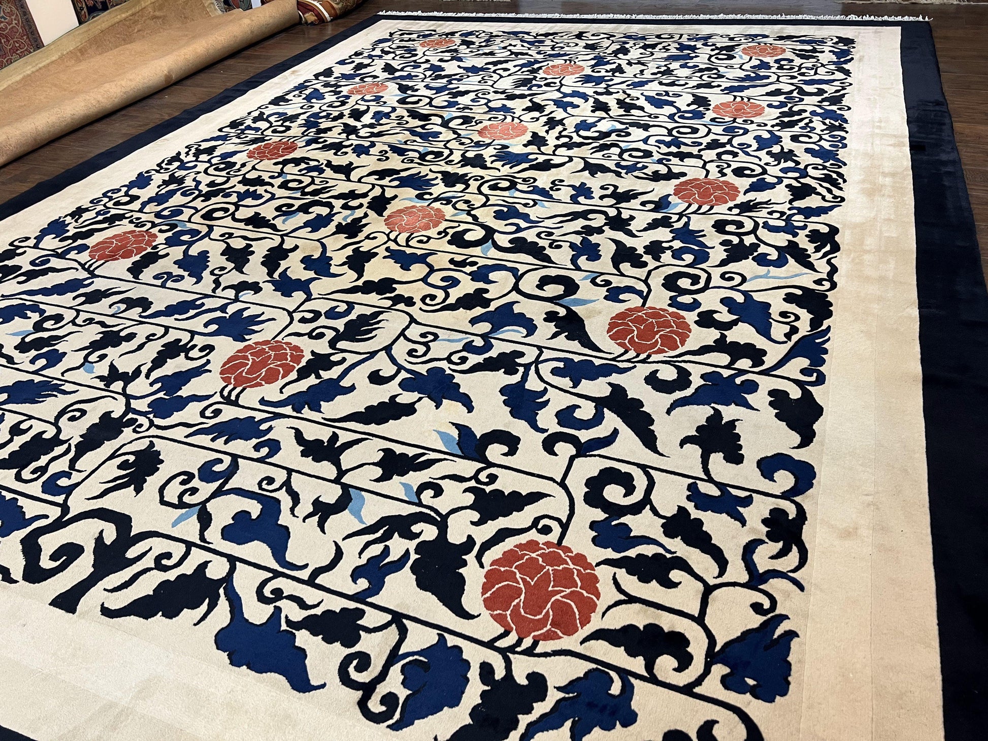 Antique Chinese Peking Rug 10x14, Beige Black, Handmade Wool Art Deco Carpet - Nuvé