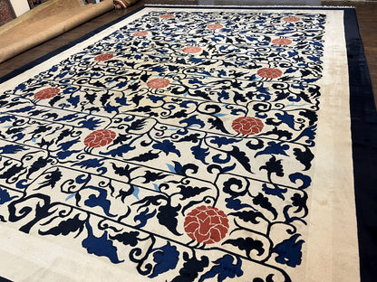 Antique Chinese Peking Rug 10x14, Beige Black, Handmade Wool Art Deco Carpet - Nuvé