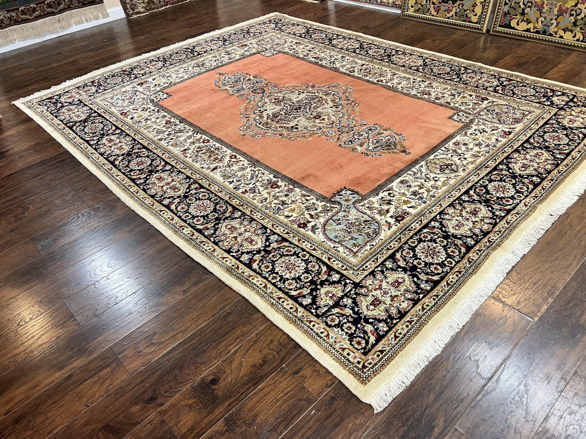 Persian Tabriz Rug 10x13, Wool Hand Knotted Vintage Carpet, Salmon Red & Ivory, Semi Open Field, Birds & Animal Motifs, Large Rug - Nuvé