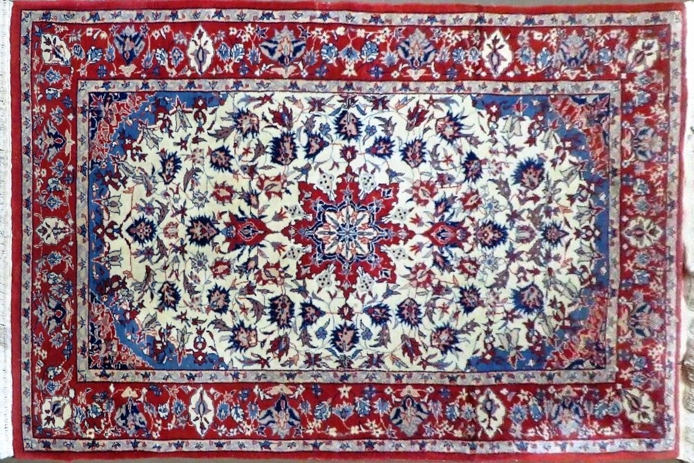 3' X 5' Vintage Handmade Authentic Oriental Floral Medallion Fine Wool Rug Beige Red and Blue Top Quality Veg Dyes - Nuvé