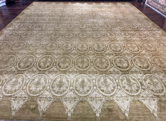 Tibetan Rug 12x15, Wool Hand Knotted Carpet, Odegard Rug, Birds, Olive Green, 12 x 15 Oversized Handmade Contemporary Area Rug, Extra Large - Nuvé