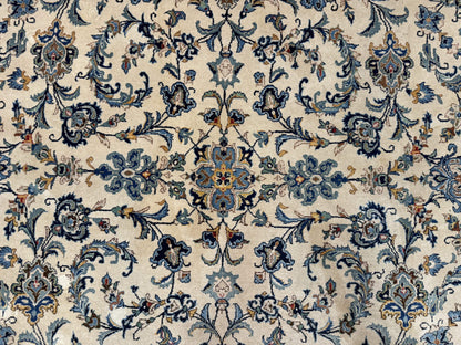 Persian Kashan Rug 10x14, Bone - Beige and Blue, Allover Pattern, Traditional Persian Carpet, Fine 260 KPSI - Nuvé