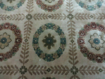 9' X 12' Modern Handmade Indo Lahore Wool Rug Art Deco Olive Ivory Nice Wow