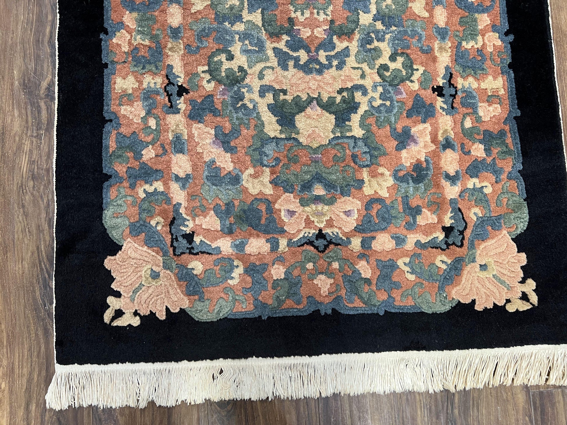 Chinese Art Deco Rug 3x5, Black and Beige Chinese Carpet 3 x 5, Vintage Rug, 1950s Rug, Floral Rug, Handmade Rug, Art Deco Rug, Wool Rug - Nuvé