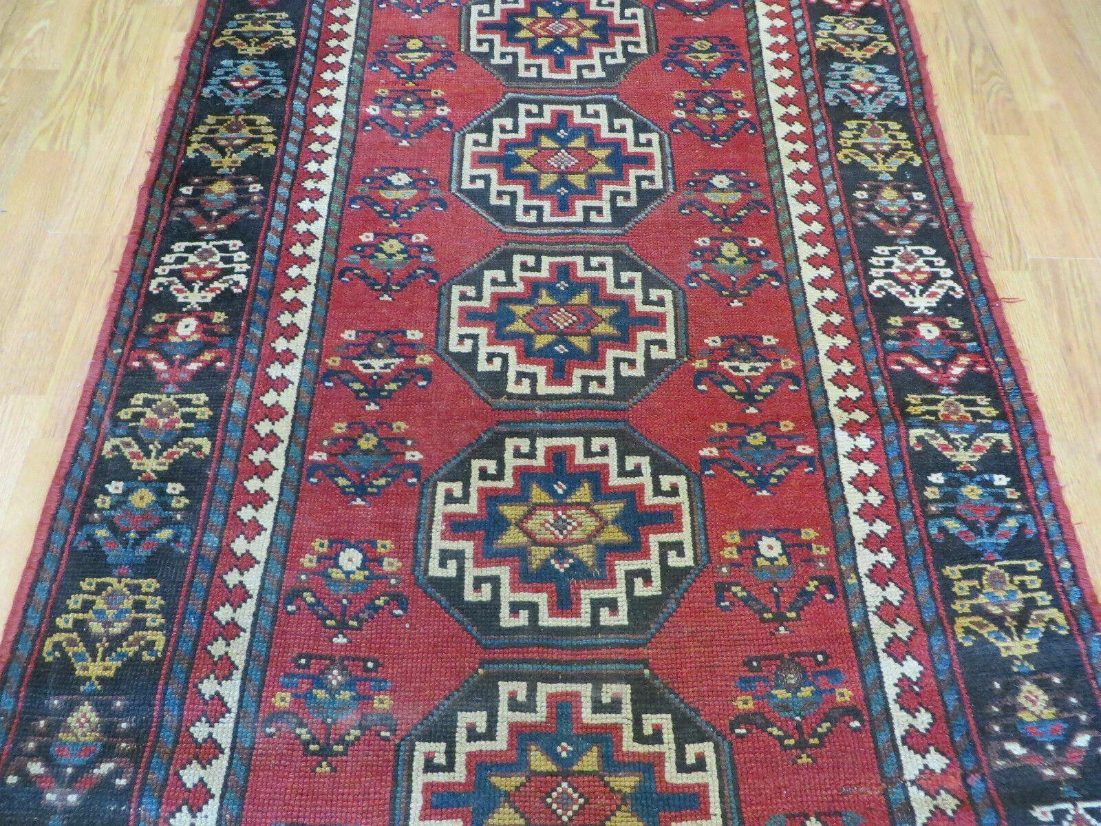 3' 3" X 10' Hand-Knotted Antique Handmade Caucasian Kazak Wool Runner Rug - Nuvé