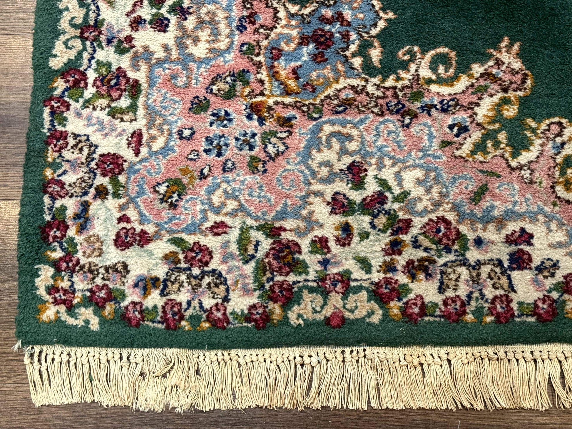 Persian Kerman Rug 4x6, Green Ivory Pink, Wool Vintage, Semi Open Field - Nuvé