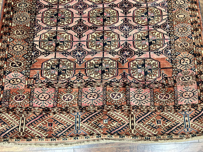 Persian Turkoman Rug 4x6, Wool Hand Knotted Antique Bokhara Carpet, Red Pink, Handmade Tribal Oriental Rug 4 x 6 ft - Nuvé