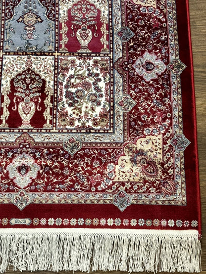 Turkish Silk Runner Rug 2.6 x 11.6, Panel Design, Dark Red Ivory, Bamboo Silk, New - Nuvé