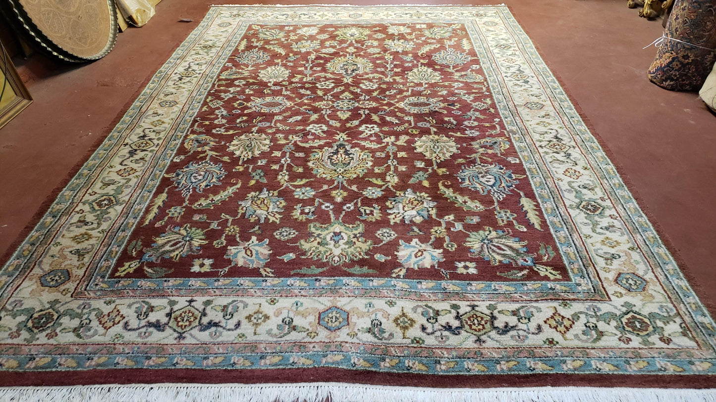 8x12 Indo-Mahal Rug, Floral Allover, Red & Beige, Wool Vintage Handmade Traditional Carpet - Nuvé