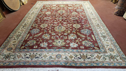 8x12 Indo-Mahal Rug, Floral Allover, Red & Beige, Wool Vintage Handmade Traditional Carpet - Nuvé