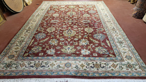8x12 Indo-Mahal Rug, Floral Allover, Red & Beige, Wool Vintage Handmade Traditional Carpet - Nuvé