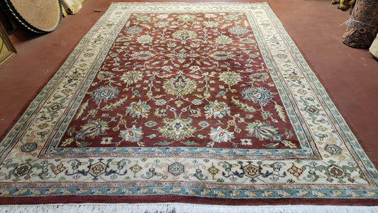 8x12 Indo-Mahal Rug, Floral Allover, Red & Beige, Wool Vintage Handmade Traditional Carpet - Nuvé