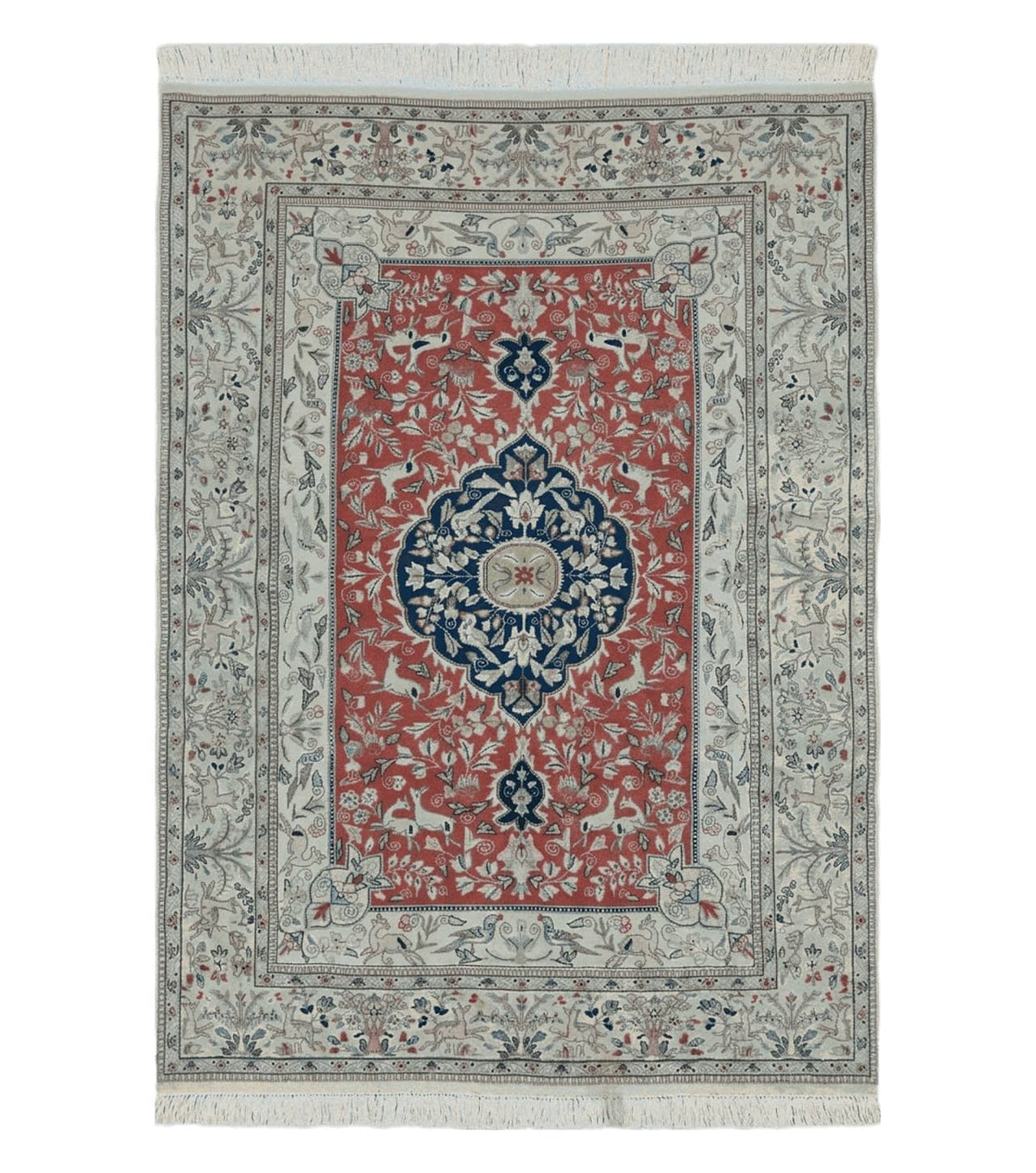 6' X 9' Vintage Handmade India Oriental Floral Wool Rug Hunting Bird Deer Nice