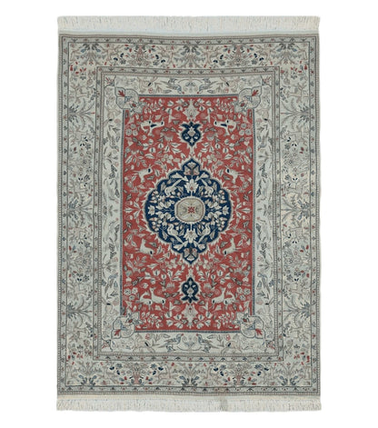 6' X 9' Vintage Handmade India Oriental Floral Wool Rug Hunting Bird Deer Nice