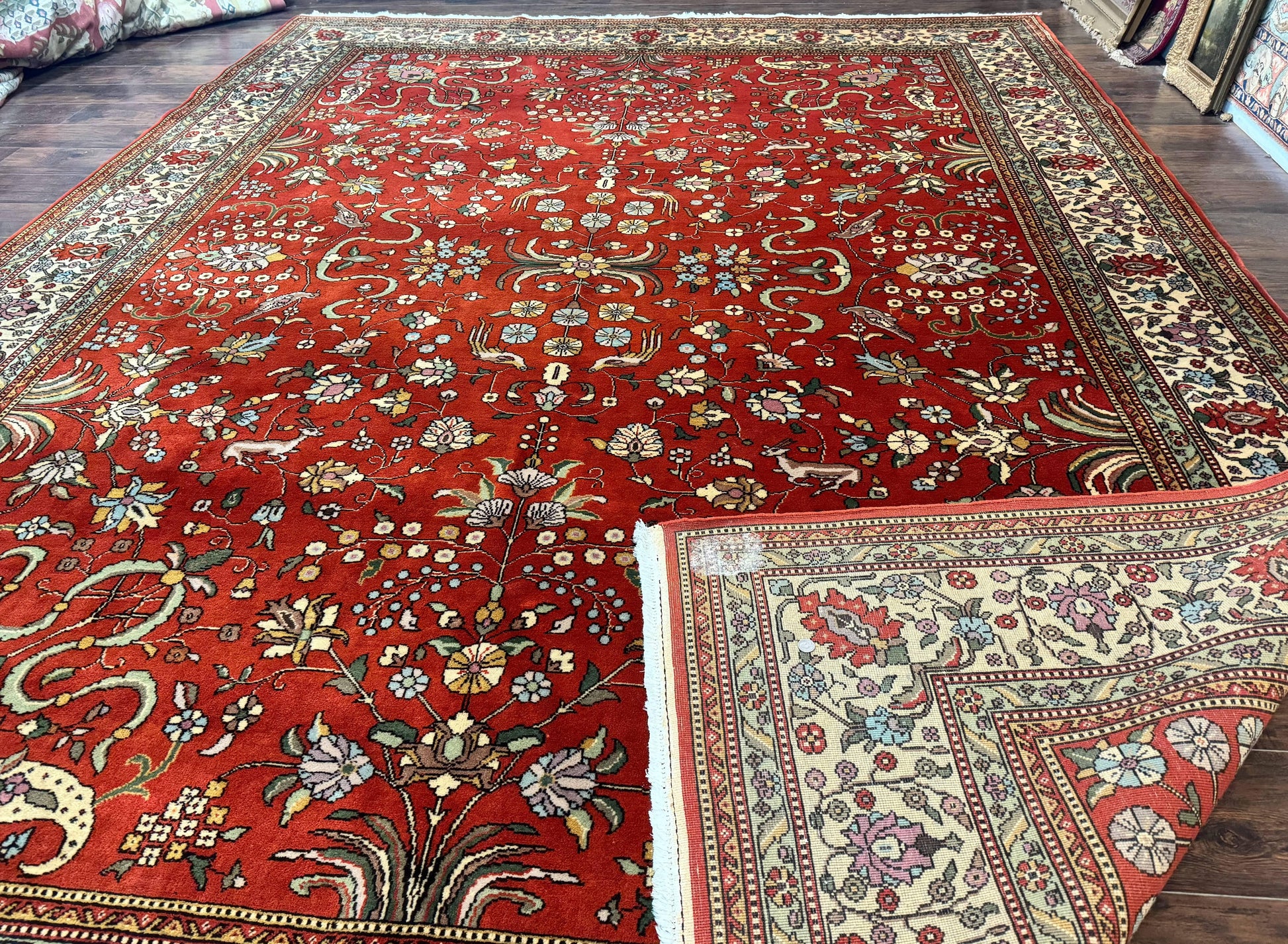 Romanian Rug 10x13, Vintage Handmade Wool Carpet, Floral Pattern, Birds, Red and Cream, Signed By Masterweaver, Persian Rug - Nuvé
