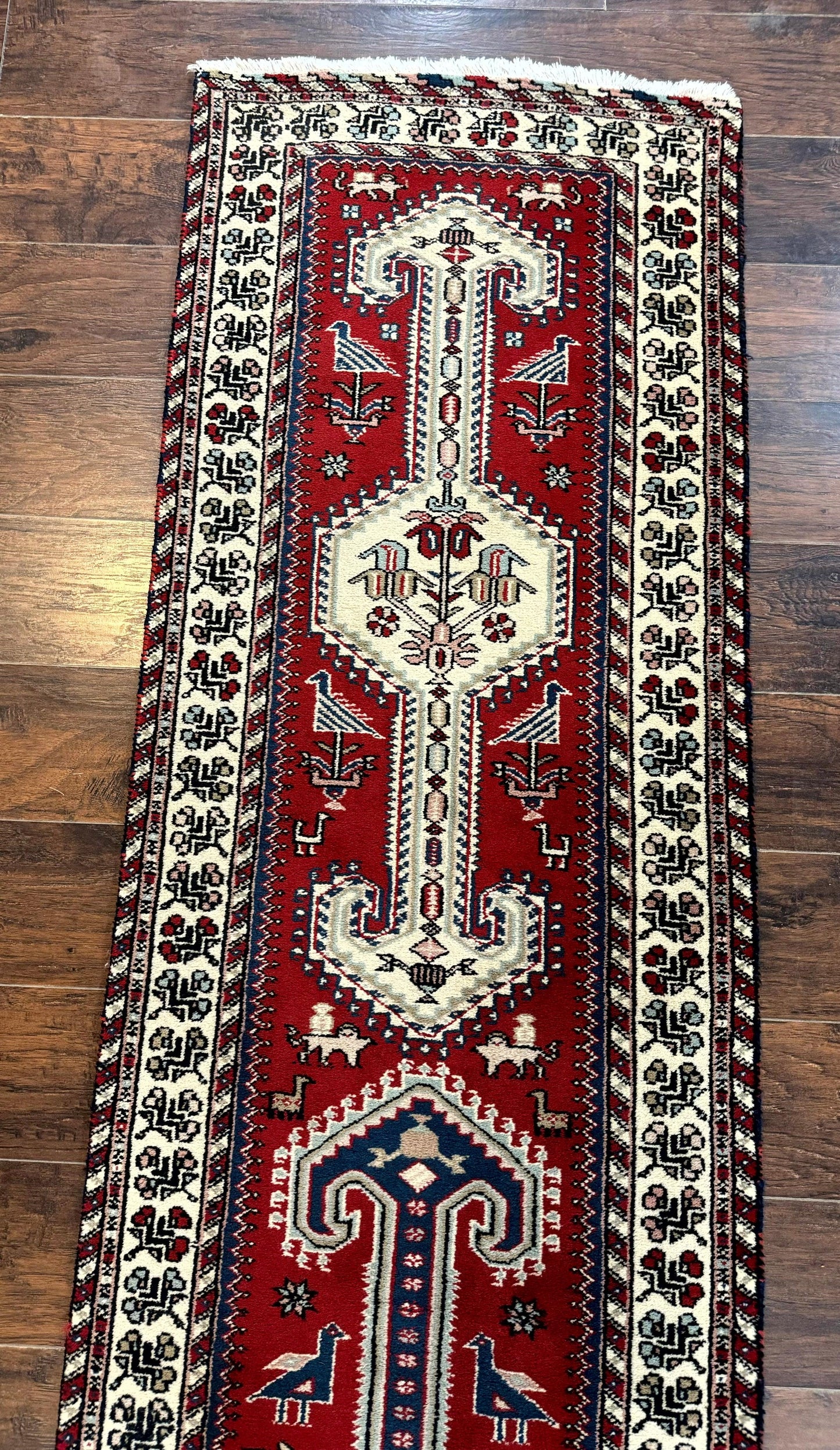 Indo Persian Runner Rug 2.6 x 12, Heriz Geometric Caucasian Design, Animal Pictorials, Tribal Runner Rug, Vintage Handmade Wool Red - Nuvé