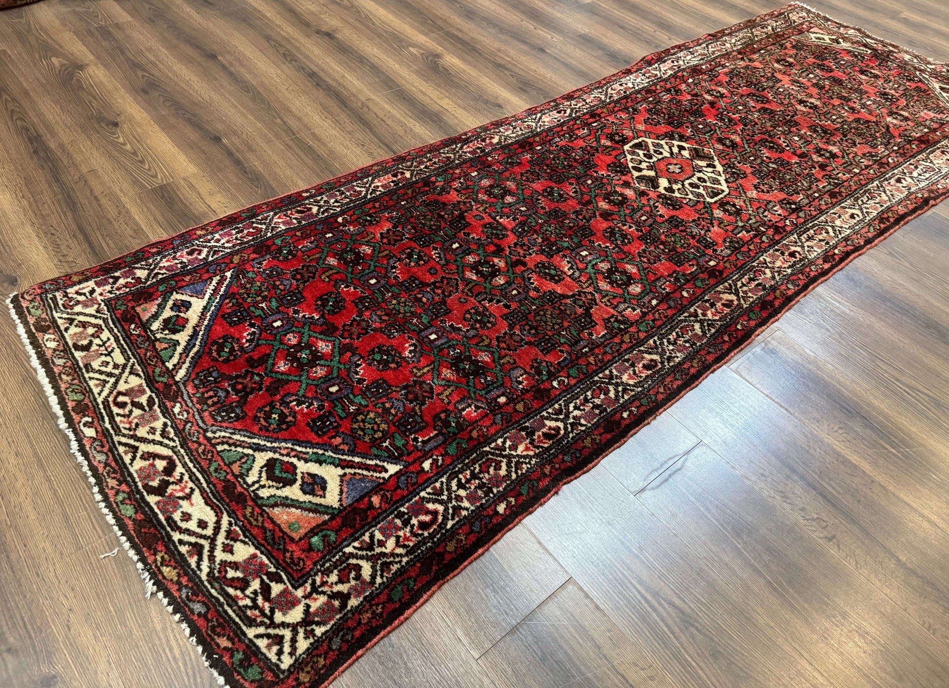 Persian Runner Rug 3x10, Wool Hand Knotted Hallway Rug 3 x 10 ft, Red and Ivory, Hamadan Angelas Runner - Nuvé
