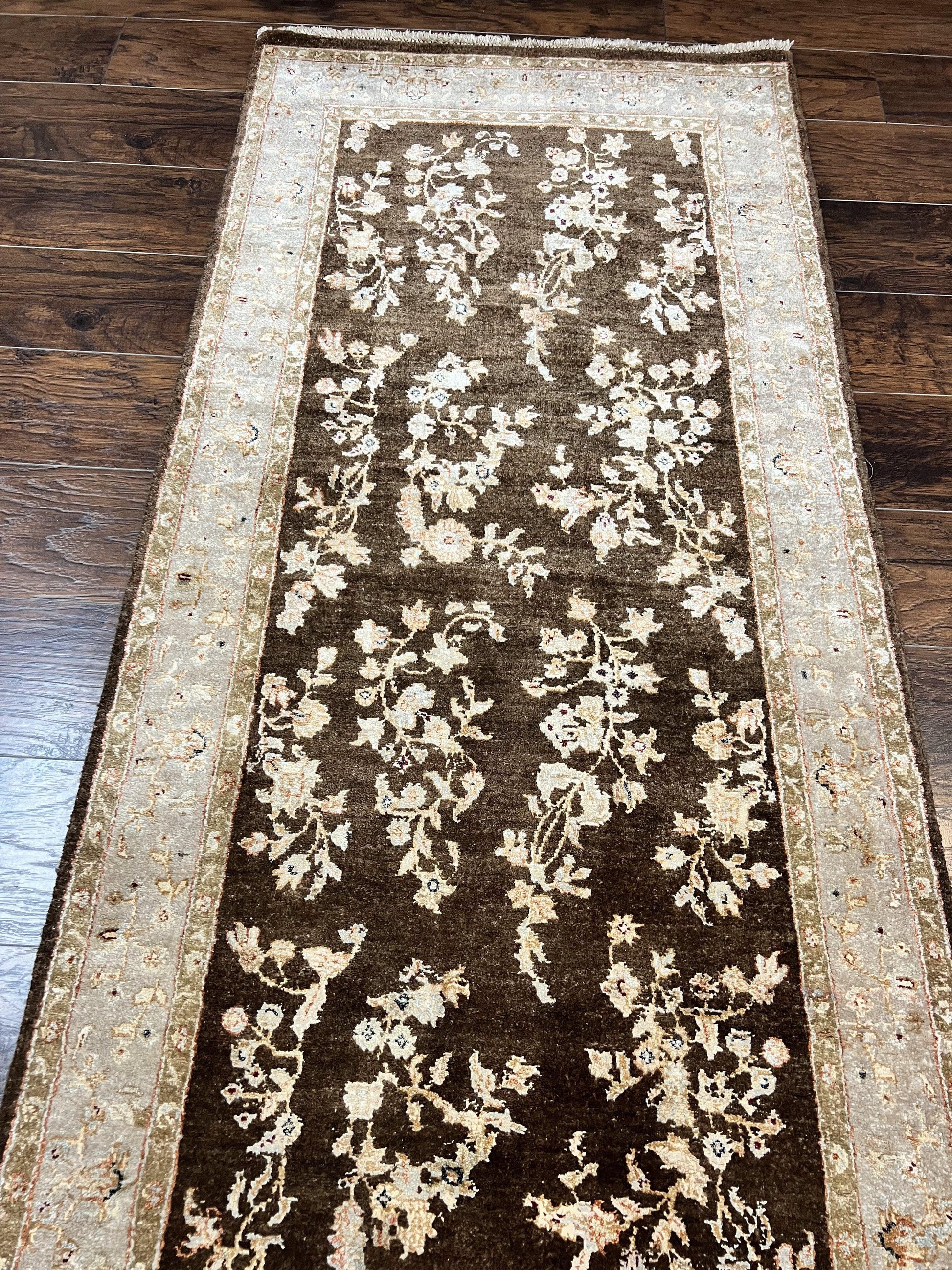 Peshawar Runner Rug 3 x 20, Wool Hand Knotted Vintage Pakistani Carpet, Brown & Taupe, Chobi Mahal Floral Rug, Extra Long Hallway Runner - Nuvé