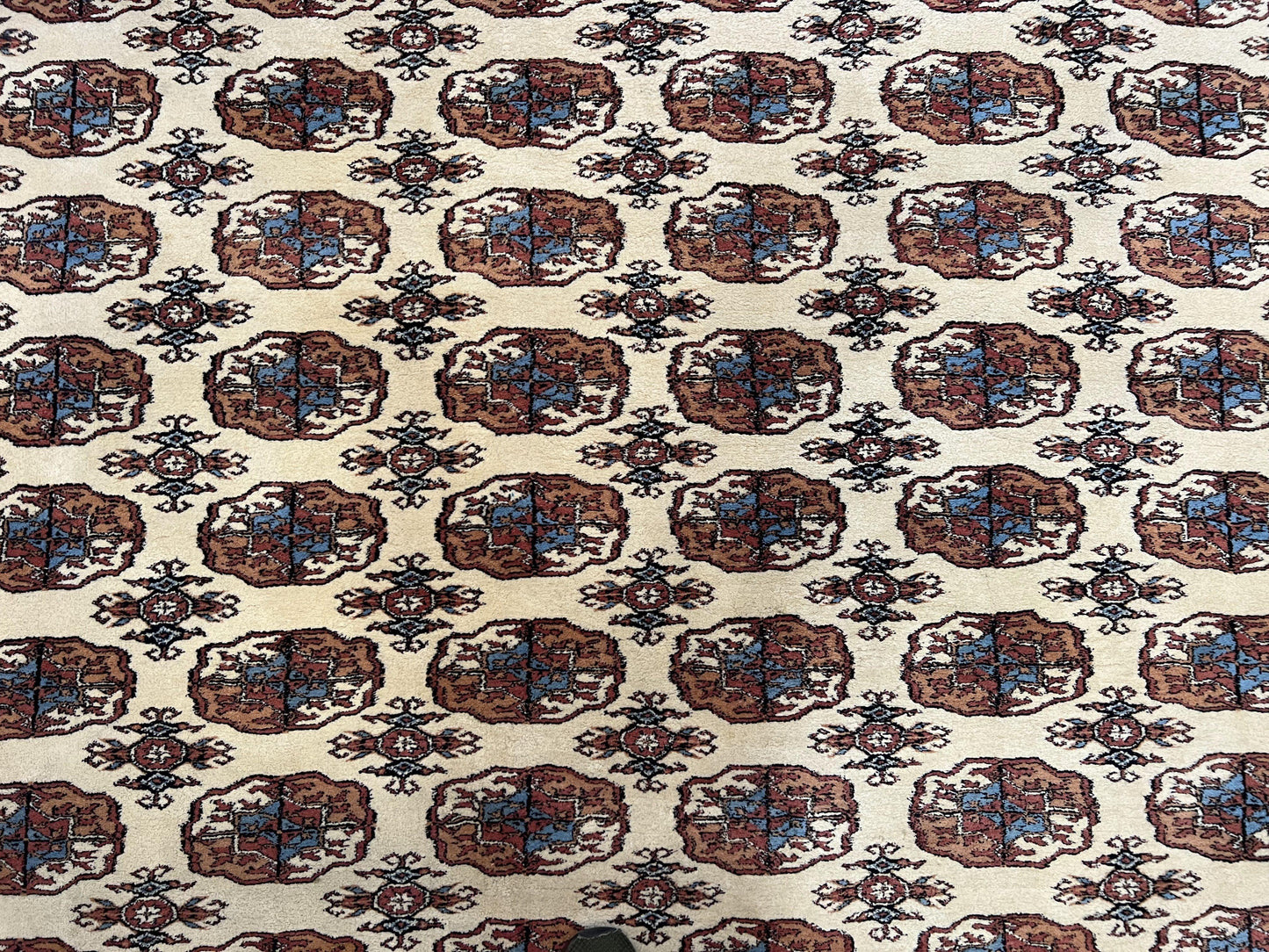 Pakistani Bokhara Rug 8x10, Traditional Turkoman Tribal Carpet, Allover Repeated Elephant Foot Motif, Ivory/Cream Black Red, Vintage Handmade - Nuvé