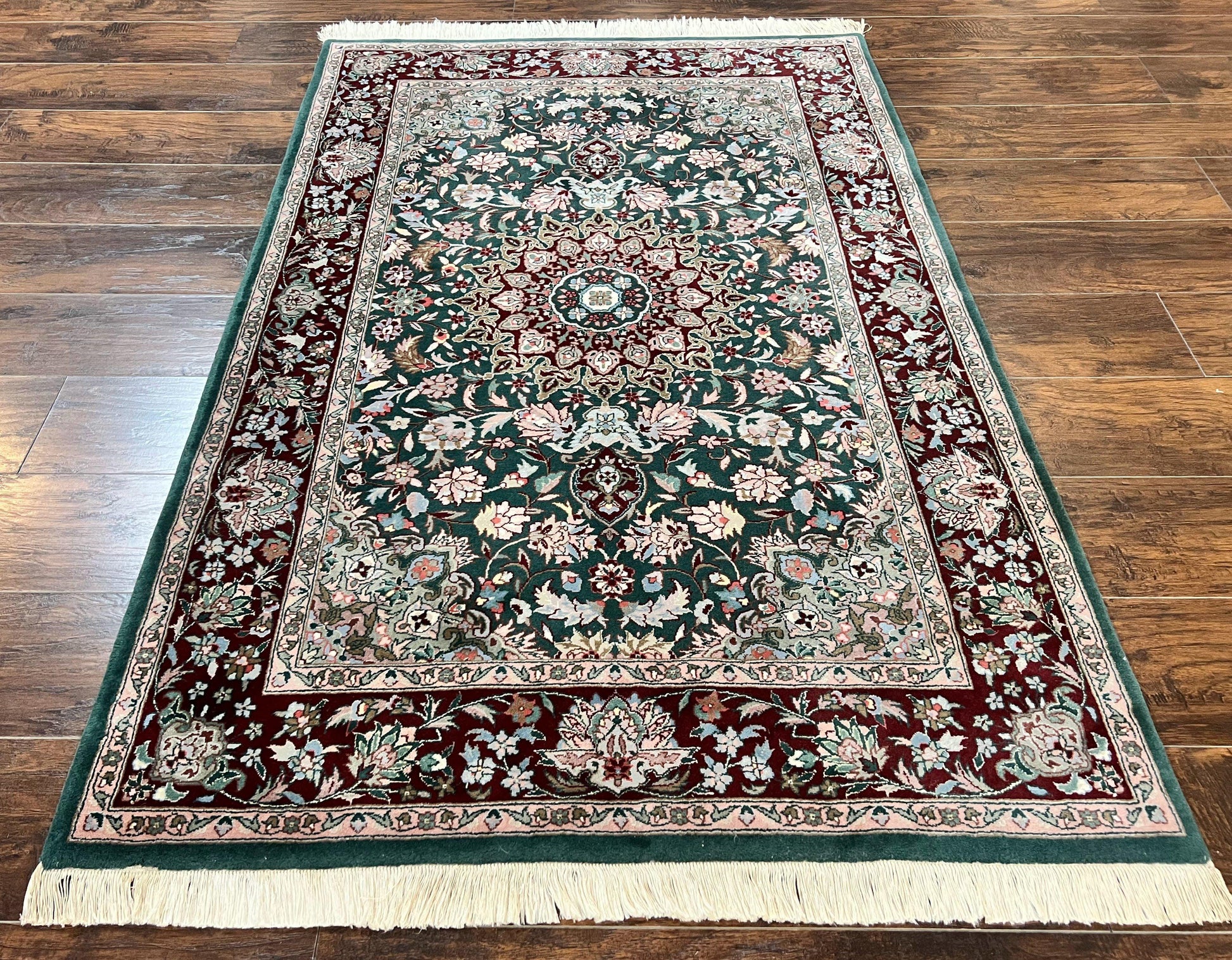 Pak Persian Rug 4x6, Wool Hand Knotted Vintage Carpet, Dark Green, Floral Medallion, Fine Oriental Rug - Nuvé