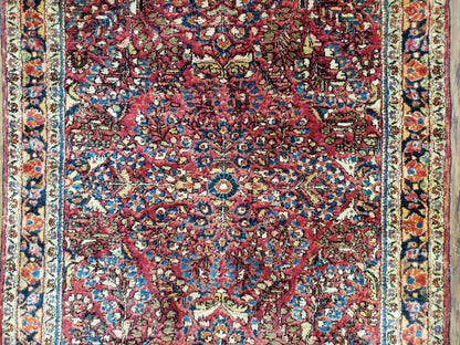 Antique Persian Sarouk Rug, Red, Allover Floral Pattern, Hand-Knotted, Wool, 3'4" x 4'10" - Nuvé