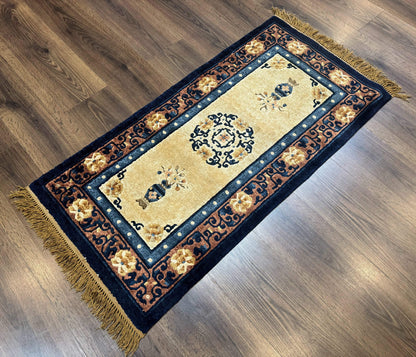 Silk Chinese Rug 2x4, Peking Carpet, Golden-Beige and Blue, Hand Knotted, Simple Design - Nuvé