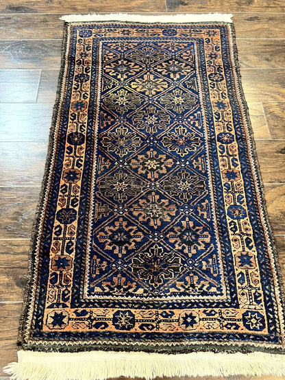 Small Antique Persian Rug 2.7 x 4.7, Handmade Wool Rug, Navy Blue, Balouch Rug, Tribal Rug - Nuvé