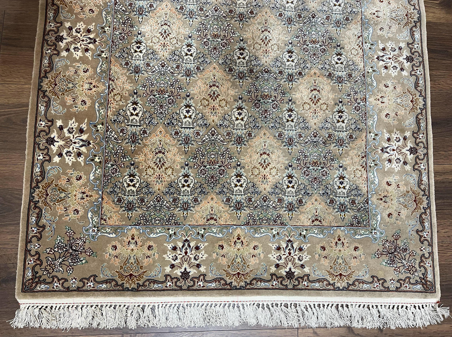 Super Fine Persian Isfahan Rug 3x5 ft, Kork Wool on Silk Foundation, Repeated Floral Motif, Taupe Tan Hand Knotted Oriental Carpet 3 x 5 ft, Signed - Nuvé