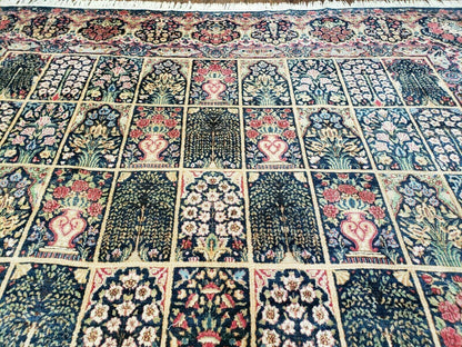Persian Rug 10x15, Authentic Oriental Carpet 10 x 15, Wool Area Rug Panel Design Hand-Knotted Vintage Kirman Yazd Rug, Dark Blue and Beige,  Floral - Nuvé