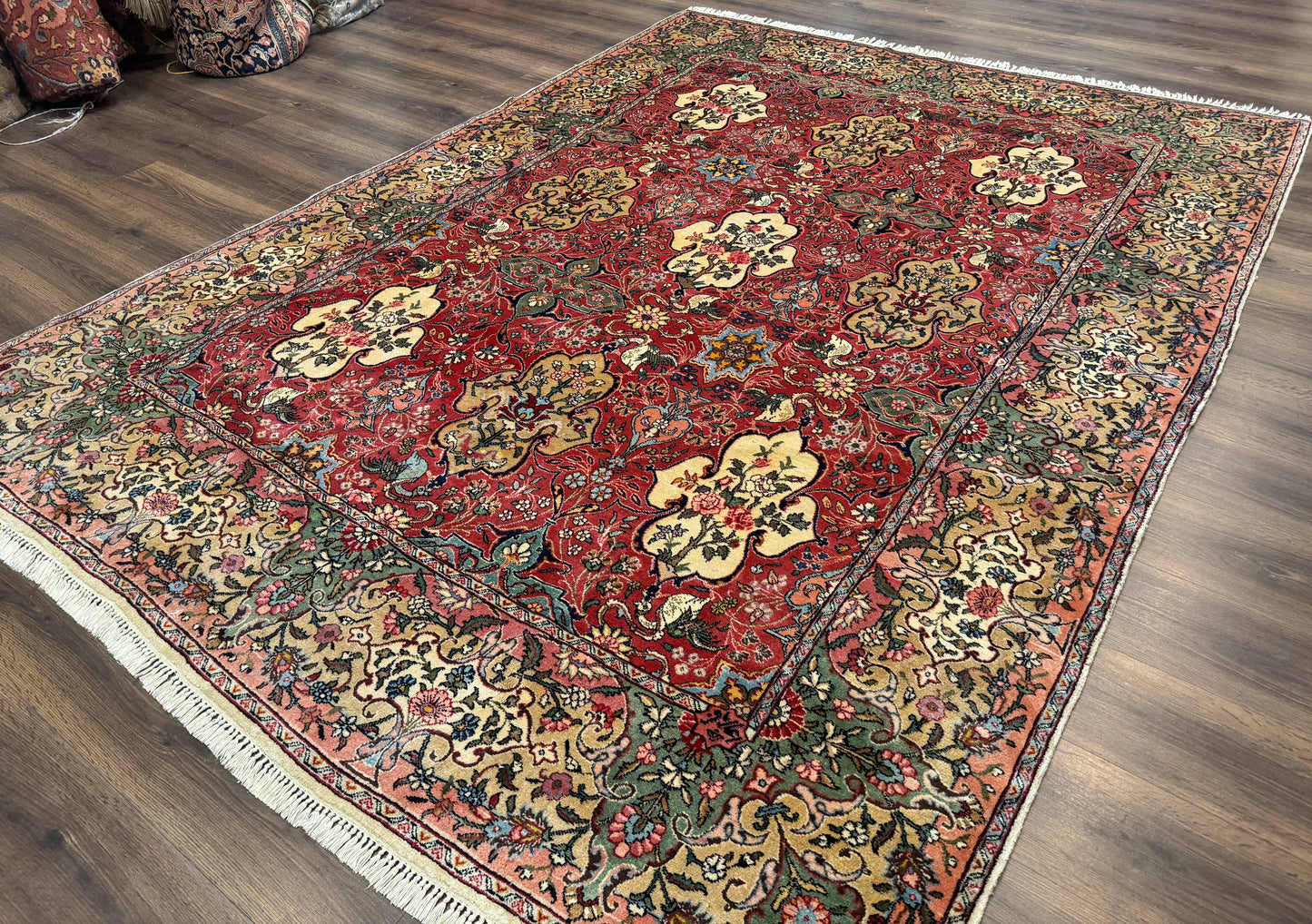 Antique Tabriz Persian Rug 7x10, Red Cream Tan, Unique Design, Fine 270 KPSI, Birds, Floral - Nuvé