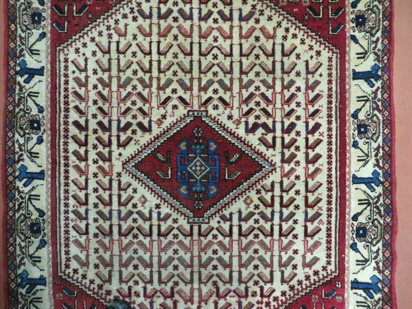 3' X 5' Vintage Handmade India Geometric Oriental Wool Rug Nice Birds Ivory Red - Nuvé