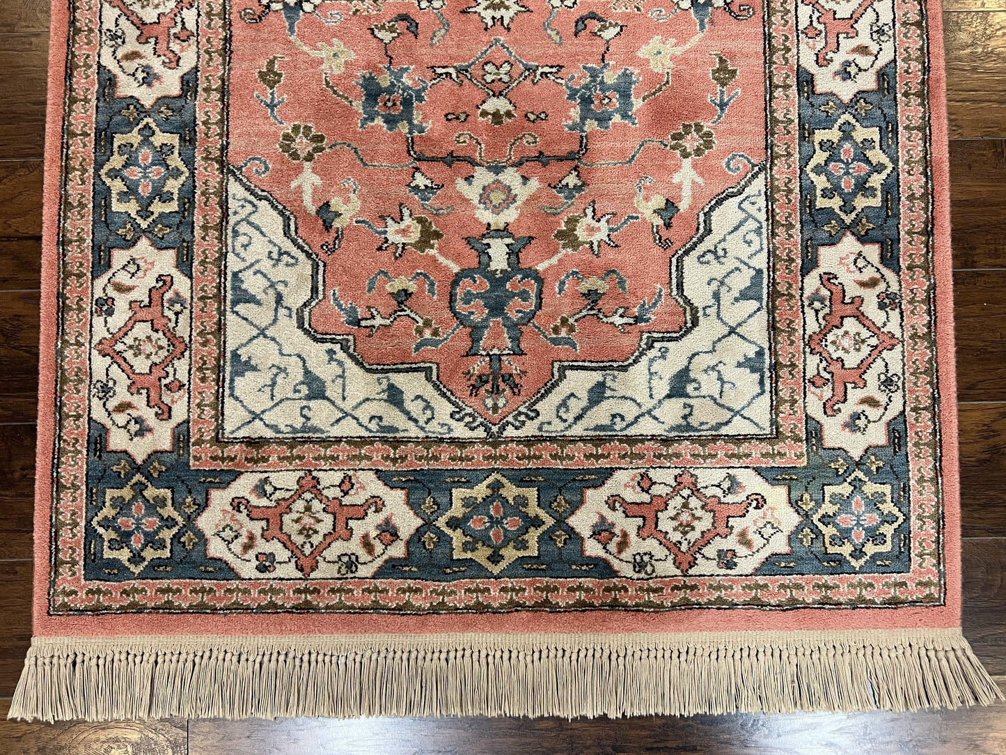 Karastan Rug 4x6 Bergama Design #737, Karastan Area Rug, Vintage Wool Karastan Carpet, Original Collection 700 Series, Salmon Red Light Blue - Nuvé