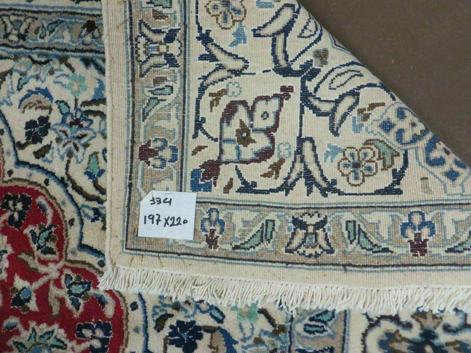 Square Persian Nain Rug 6.3 x 6.8, Hand-Knotted Wool with Silk Accents, Ivory Red Blue - Nuvé